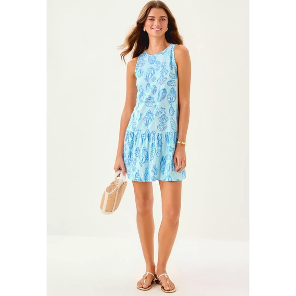 Lilly Pulitzer Dixi Dress XS Sleeveless Blue White Seashell Print Tiered - Picture 1 of 9